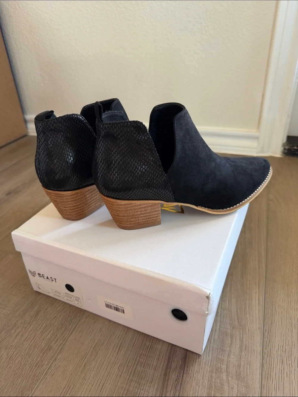BEAST FASHION Black Suede Pointed-Toe Ankle Booties with Wood-Look Heel